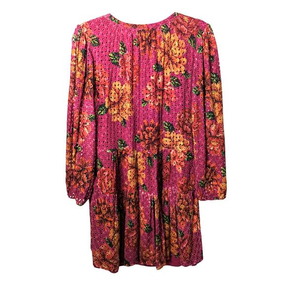 Farm Rio Anthro Eyelet Tiered Tunic Floral Split Neck Pink Multi Large P NWOT - Picture 3 of 12
